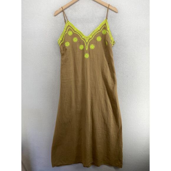 Zara Dresses & Skirts - ZARA Dress M 100% Linen Embroidered Eyelet V Neck Slip Sun Midi Boho Flowy Brown